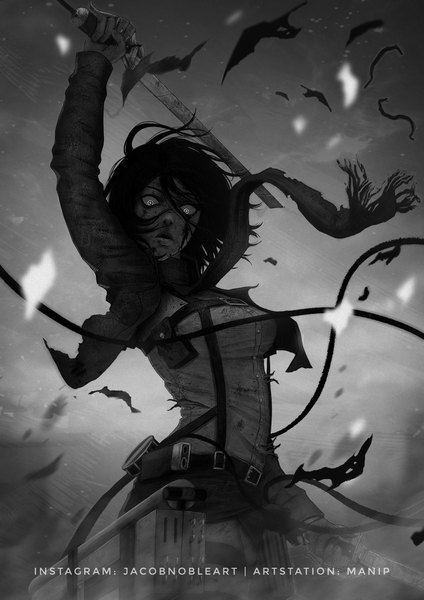 Anime picture 2480x3508 with shingeki no kyojin production i.g mikasa ackerman manip21 single tall image looking at viewer fringe highres short hair breasts hair between eyes standing holding signed arm up open jacket watermark monochrome dual wielding