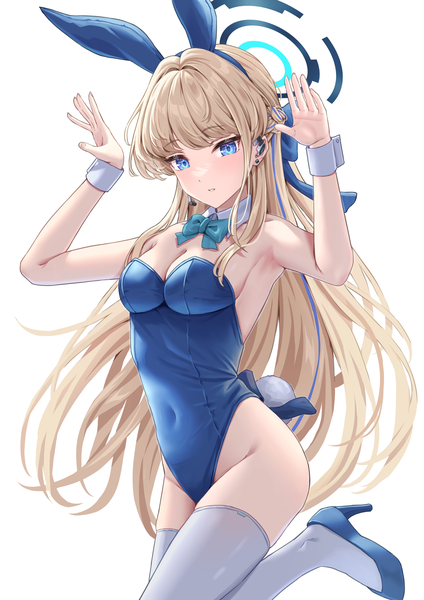 Anime picture 3541x5016 with blue archive toki (blue archive) toki (bunny) (blue archive) simoumi 217 single long hair tall image looking at viewer fringe highres breasts blue eyes light erotic simple background blonde hair standing white background bare shoulders animal ears absurdres