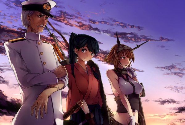 Anime picture 1600x1080 with kantai collection mutsu battleship admiral (kantai collection) houshou light aircraft carrier kyouya (mukuro238) long hair short hair blue eyes black hair brown hair bare shoulders multiple girls yellow eyes sky cloud (clouds) ponytail scar girl boy hair ornament