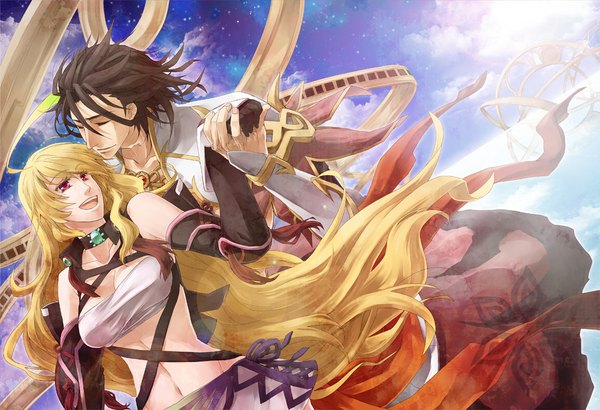 Anime picture 1169x800 with tales of (series) tales of xillia milla maxwell alvin (tales of xillia) minazuki kurisu long hair short hair open mouth black hair blonde hair smile red eyes bare shoulders cloud (clouds) ahoge eyes closed couple holding hands girl boy