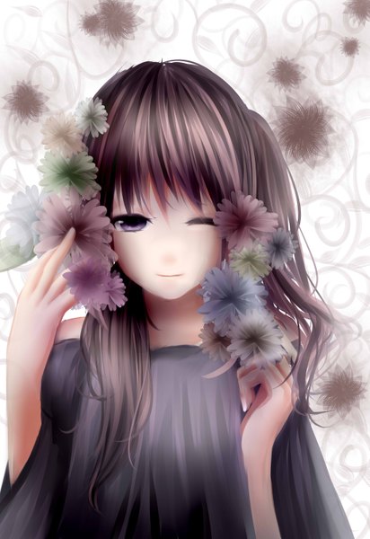 Anime picture 2031x2952 with original ryaku-ko (artist) long hair tall image looking at viewer highres brown hair twintails purple eyes bare shoulders one eye closed light smile wink girl flower (flowers)