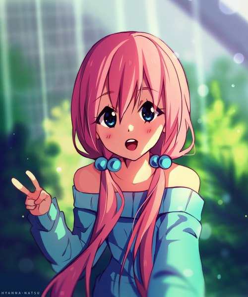 Anime picture 1000x1200 with original hyanna-natsu single long hair tall image looking at viewer blush fringe open mouth blue eyes hair between eyes twintails bare shoulders signed pink hair long sleeves blurry teeth depth of field low twintails