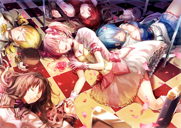 Anime picture 4098x2894 with mahou shoujo madoka magica shaft (studio) akemi homura kaname madoka sakura kyouko miki sayaka tomoe mami kyuubee p.rupon long hair highres short hair black hair blonde hair twintails multiple girls blue hair pink hair absurdres ponytail