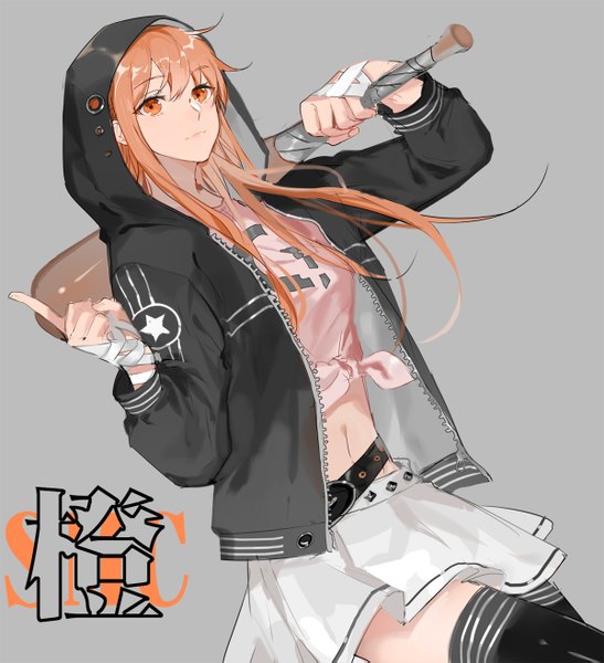 Anime picture 1200x1317 with quan zhi gao shou su mucheng youshuangruozhui323 single long hair tall image looking at viewer fringe simple background blonde hair hair between eyes standing holding pleated skirt light smile orange hair grey background open jacket bare belly orange eyes