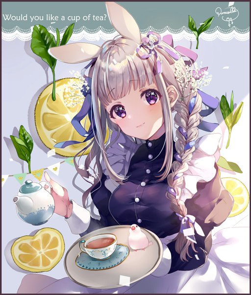 Anime picture 800x938 with original puracotte single long hair tall image looking at viewer purple eyes signed animal ears upper body braid (braids) head tilt grey hair maid bunny ears text single braid english question tea set