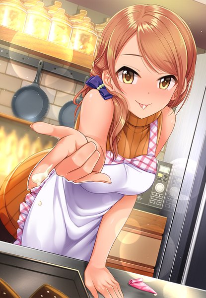 Anime picture 900x1300 with idolmaster idolmaster cinderella girls houjou karen kazu single long hair tall image looking at viewer blush brown hair bare shoulders yellow eyes arm support outstretched hand cooking girl tongue apron cream