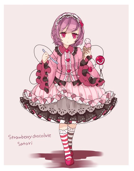 Anime picture 1755x2237 with touhou komeiji satori toutenkou single tall image highres short hair simple background pink hair full body pink eyes alternate costume character names :< different socks girl socks food heart sweets
