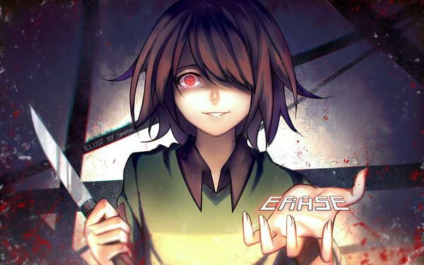 Anime picture 1920x1200 with undertale chara (undertale) neekochanii single fringe highres short hair smile red eyes brown hair holding signed upper body hair over one eye shadow tears text english outstretched hand blood stains