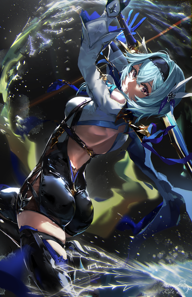 Anime picture 1815x2805 with genshin impact eula lawrence meltyrice single tall image looking at viewer fringe highres short hair breasts light erotic hair between eyes holding signed yellow eyes blue hair ass long sleeves parted lips from behind