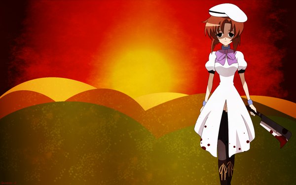Anime picture 1920x1200 with higurashi no naku koro ni studio deen ryuuguu rena single highres short hair brown hair wide image holding signed black eyes short sleeves evening sunset walking bloody clothes blood stains bloody weapon girl thighhighs