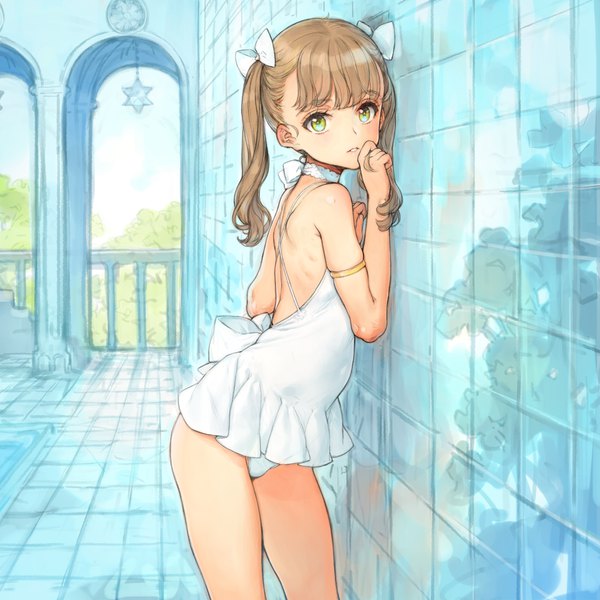 Anime picture 4000x4000 with original oyari ashito single long hair looking at viewer fringe highres light erotic brown hair standing twintails green eyes absurdres blunt bangs parted lips turning head arched back against wall girl bow