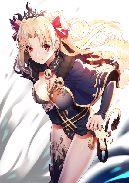 Anime picture 850x1200 with fate (series) fate/grand order toosaka rin ereshkigal (fate) ririko (zhuoyandesailaer) single long hair tall image looking at viewer breasts light erotic blonde hair smile red eyes large breasts cleavage from above two side up girl bow