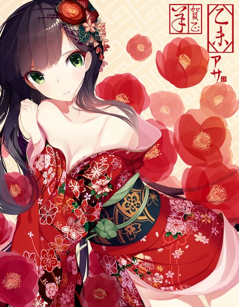 Anime picture 700x900 with original atha (leejuiping) single long hair tall image looking at viewer fringe light erotic black hair standing bare shoulders green eyes traditional clothes japanese clothes hair flower floral print girl hair ornament flower (flowers) obi