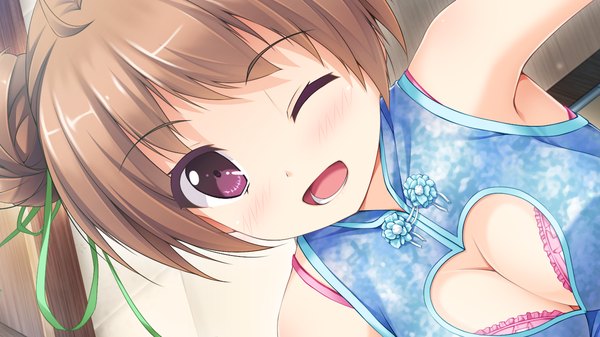 Anime picture 1280x720 with ano ko wa ore kara hanarenai giga miyama haruka short hair breasts open mouth light erotic brown hair wide image purple eyes game cg one eye closed wink chinese clothes girl ribbon (ribbons) hair ribbon chinese dress