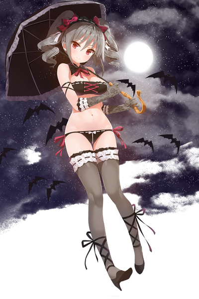 Anime picture 680x1020 with idolmaster idolmaster cinderella girls kanzaki ranko mx2j (nsh6394) single long hair tall image looking at viewer blush breasts light erotic smile red eyes bare shoulders holding cloud (clouds) grey hair bare belly drill hair flying