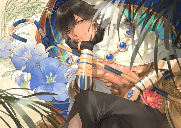 Anime picture 4093x2894 with fate (series) fate/grand order ozymandias (fate) seomouse single looking at viewer fringe highres short hair hair between eyes brown hair sitting brown eyes absurdres ahoge crossed legs chin rest flower (flowers) earrings armor