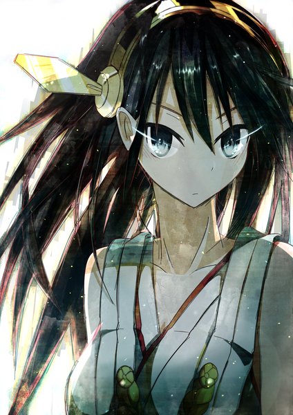 Anime picture 1060x1500 with kantai collection haruna battleship sune (mugendai) single long hair tall image looking at viewer blue eyes black hair simple background white background bare shoulders traditional clothes girl hair ornament headdress