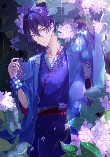 Anime picture 1000x1415 with ensemble stars! sakuma rei (ensemble stars!) byuey single tall image short hair red eyes holding blue hair looking away traditional clothes japanese clothes arm up lips rain boy flower (flowers) earrings kimono water drop