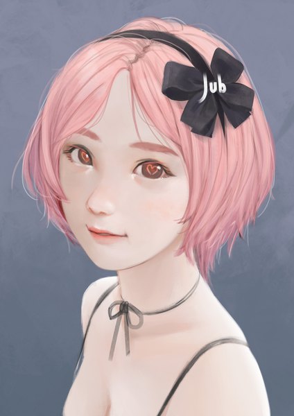 Anime picture 2480x3508 with original lika (jubi) jubi (regiana) single tall image looking at viewer highres short hair bare shoulders brown eyes signed pink hair light smile realistic grey background symbol-shaped pupils portrait heart-shaped pupils girl bow