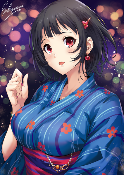 Anime picture 800x1131 with kantai collection takao heavy cruiser sakiyamama single tall image looking at viewer blush short hair breasts open mouth black hair red eyes large breasts standing signed payot nail polish traditional clothes japanese clothes fingernails