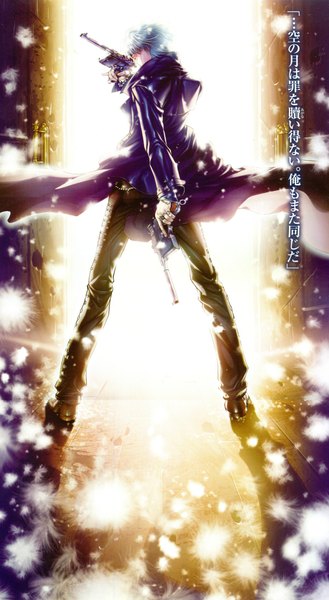 Anime picture 1200x2188 with black lagoon madhouse rotton the wizard hiroe rei single tall image short hair standing holding silver hair profile from behind scan official art shadow back hieroglyph light dual wielding pinky out