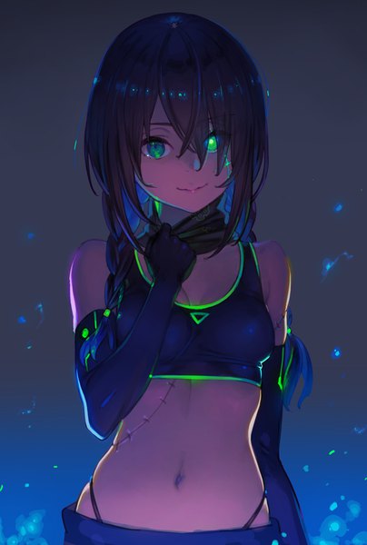 Anime picture 1264x1876 with girls frontline mac-10 (girls frontline) nagisa kurousagi single long hair tall image looking at viewer fringe breasts light erotic black hair simple background smile standing green eyes braid (braids) hair over one eye twin braids gradient background glowing