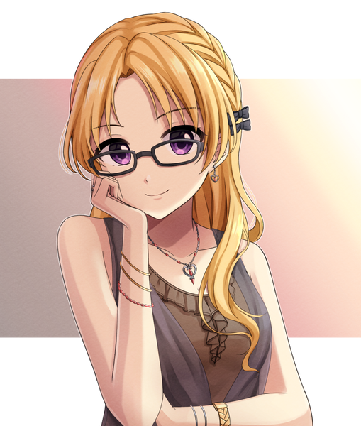 Anime picture 900x1060 with idolmaster idolmaster cinderella girls kiryuu tsukasa (idolmaster) kusaka24 single long hair tall image looking at viewer fringe breasts simple background blonde hair smile standing purple eyes bare shoulders upper body braid (braids) sleeveless gradient background