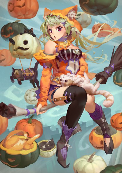 Anime picture 800x1132 with original jofang single long hair tall image looking at viewer purple eyes cleavage full body green hair :o halloween flying witch asymmetrical legwear girl thighhighs black thighhighs detached sleeves animal