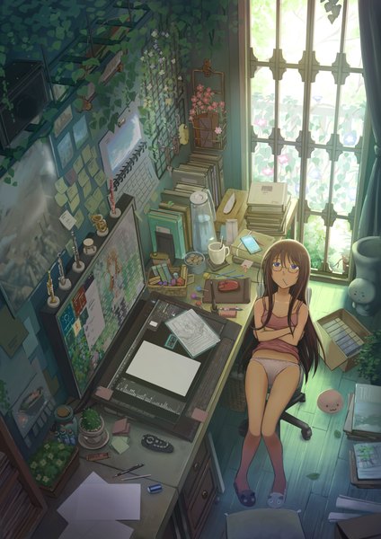 Anime picture 2481x3508 with original mitsuki (yu hsiang yi) single long hair tall image highres blue eyes light erotic brown hair sitting indoors looking up crossed arms scenic :3 knees together feet apart messy room girl underwear flower (flowers)