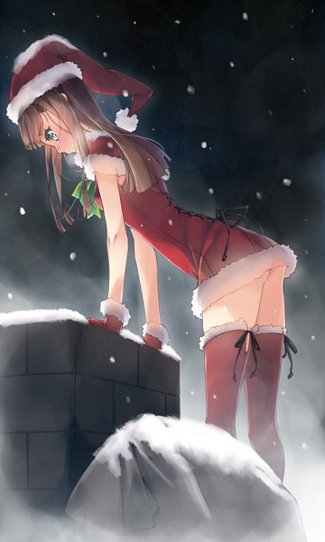 Anime picture 900x1500 with original murakami suigun single tall image blush fringe light erotic brown hair standing green eyes looking away ass outdoors head tilt profile night arm support leaning alternate costume embarrassed