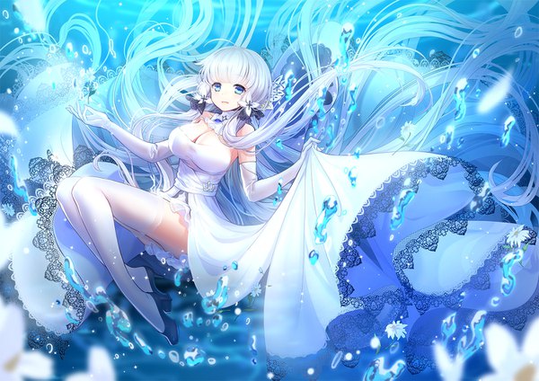 Anime picture 1500x1061 with azur lane illustrious (azur lane) miemia single looking at viewer fringe breasts open mouth blue eyes cleavage full body white hair very long hair girl thighhighs dress gloves flower (flowers) white thighhighs elbow gloves