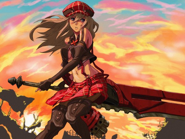 Anime picture 1920x1440 with god eater god eater burst ufotable alisa ilinichina amiella single long hair blush highres brown hair sitting purple eyes sky cloud (clouds) wind inscription evening plaid skirt sunset plaid ruins