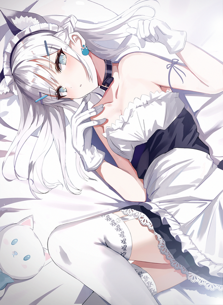 Anime picture 1500x2043 with original beckzawachi single long hair tall image looking at viewer blush fringe blue eyes bare shoulders animal ears lying braid (braids) head tilt from above cat ears maid cat girl zettai ryouiki on side