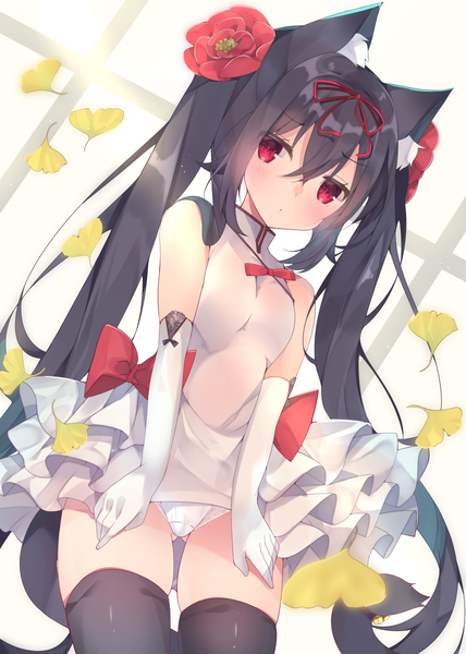 Anime picture 1225x1718 with original satsuki mayuri single long hair tall image looking at viewer blush fringe light erotic black hair hair between eyes red eyes standing twintails animal ears payot tail animal tail hair flower cat ears