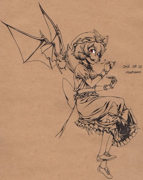 Anime picture 1865x2351 with touhou remilia scarlet mushroom (osh320) single tall image looking at viewer fringe highres short hair open mouth hair between eyes red eyes signed full body pointy ears short sleeves puffy sleeves dated monochrome bat wings