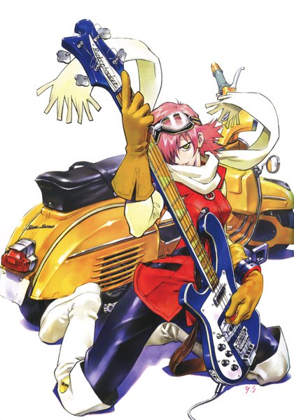 Anime picture 4199x6000 with flcl gainax haruhara haruko sadamoto yoshiyuki single tall image looking at viewer fringe highres short hair white background signed yellow eyes pink hair absurdres scan hair over one eye kneeling goggles on head girl