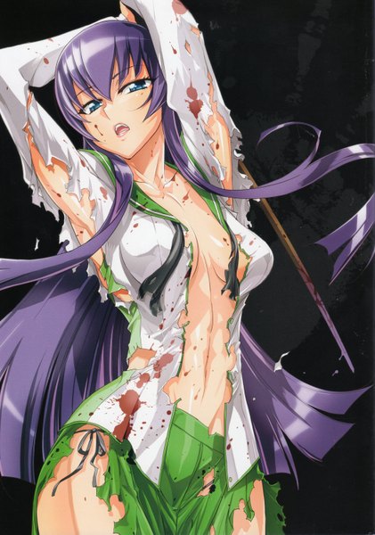 Anime picture 2104x2997 with highschool of the dead madhouse busujima saeko satou shouji single long hair tall image highres breasts open mouth blue eyes light erotic purple hair scan torn clothes black background girl blood