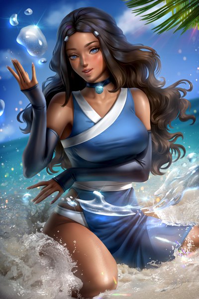 Anime picture 4800x7200 with avatar: the last airbender nickelodeon katara ayyasap single long hair tall image looking at viewer blush fringe highres breasts open mouth blue eyes brown hair large breasts sitting signed absurdres sky