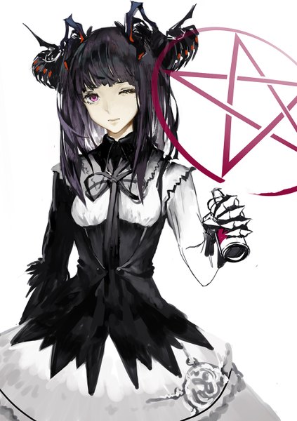 Anime picture 1000x1418 with original aituoku single long hair tall image looking at viewer black hair simple background white background one eye closed pink eyes horn (horns) wink pentagram girl dress spray bottle