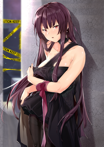 Anime picture 1771x2508 with girls frontline wa2000 (girls frontline) uno ryoku single long hair tall image looking at viewer blush fringe highres breasts open mouth light erotic red eyes payot cleavage purple hair alternate costume alternate hairstyle dress lift