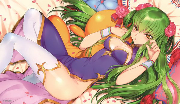 Anime picture 1415x821 with code geass sunrise (studio) c.c. cheese-kun creayus single long hair looking at viewer fringe breasts light erotic hair between eyes wide image bare shoulders yellow eyes cleavage bent knee (knees) lying traditional clothes hair flower