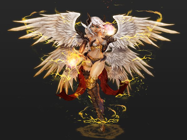 Anime picture 1280x960 with ken (kenshjnpark) single long hair looking at viewer breasts light erotic large breasts bent knee (knees) white hair horn (horns) aqua eyes lips white wings multiple wings girl navel wings boots armor thigh boots