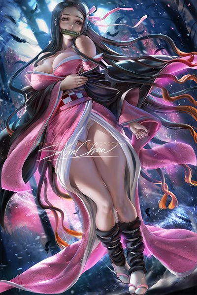 Anime picture 667x1000 with kimetsu no yaiba ufotable kamado nezuko sakimichan single tall image looking at viewer fringe breasts light erotic black hair large breasts standing bare shoulders holding signed cleavage full body outdoors very long hair