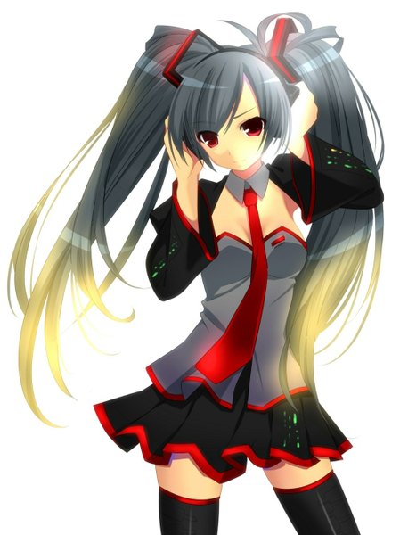 Anime picture 1000x1336 with vocaloid zatsune miku sama (artist) single long hair tall image looking at viewer simple background red eyes standing white background twintails pleated skirt glowing dark hair girl skirt miniskirt necktie headphones