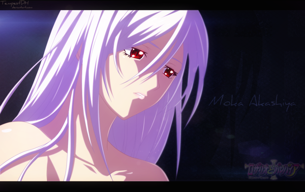 Anime picture 1500x946 with rosario+vampire akashiya moka inner moka tempestdh single long hair red eyes bare shoulders white hair inscription coloring light girl