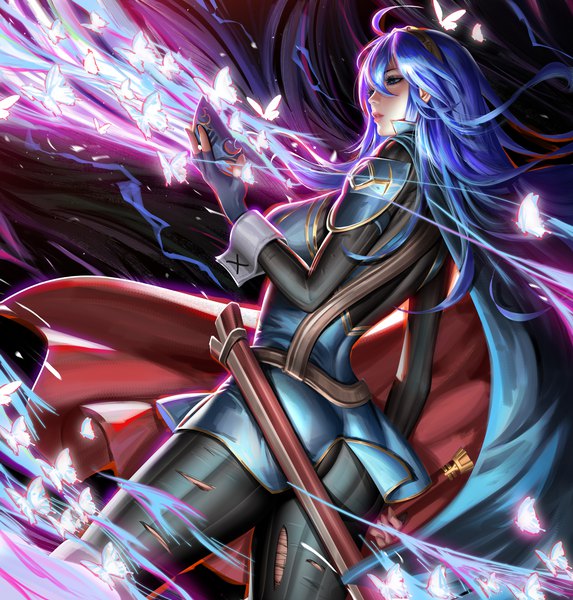 Anime picture 4000x4189 with fire emblem fire emblem awakening nintendo lucina (fire emblem) liang xing single long hair tall image fringe highres blue eyes hair between eyes standing holding blue hair looking away absurdres ahoge parted lips profile