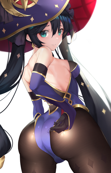 Anime picture 2294x3545 with genshin impact mona megistus meow nyang single long hair tall image looking at viewer fringe highres light erotic black hair simple background smile hair between eyes white background twintails ass looking back aqua eyes adjusting clothes