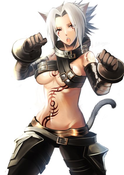 Anime picture 868x1228 with .hack//g.u. haseo ito mijinko single tall image short hair breasts open mouth light erotic simple background red eyes large breasts white background bare shoulders animal ears tail animal tail grey hair cat ears teeth