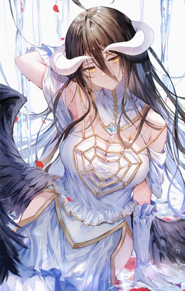 Anime picture 2592x4063 with overlord (maruyama) madhouse albedo (overlord) noyu (noyu23386566) single long hair tall image looking at viewer fringe highres breasts black hair hair between eyes large breasts yellow eyes ahoge head tilt arm up horn (horns) light smile