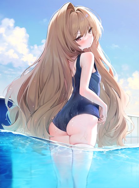 Anime picture 900x1220 with toradora j.c. staff aisaka taiga byulzzimon single long hair tall image looking at viewer blush fringe breasts light erotic brown hair standing brown eyes sky cloud (clouds) outdoors ass looking back